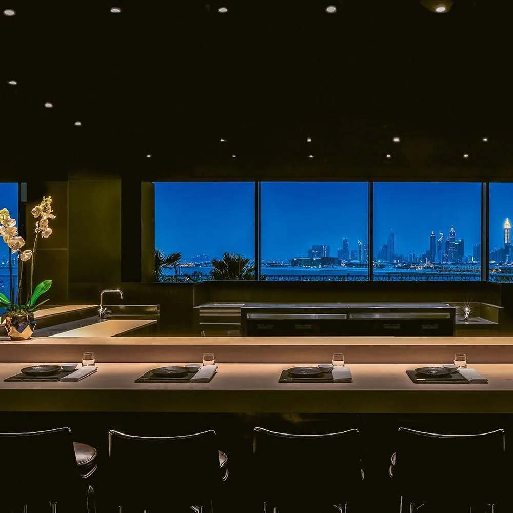 Hōseki omakase counter and Dubai skyline at Bvlgari Resort Dubai