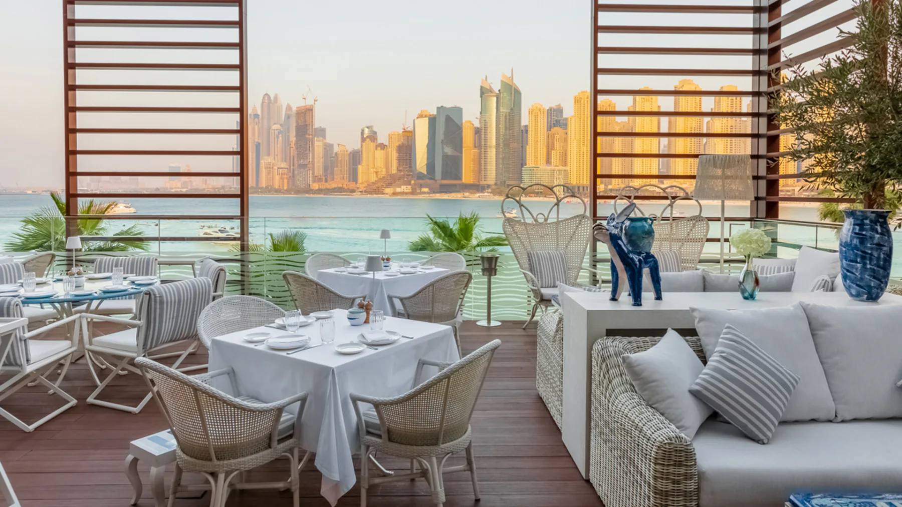Alici Bluewaters terrace overlooking the Dubai Marina and JBR skyline