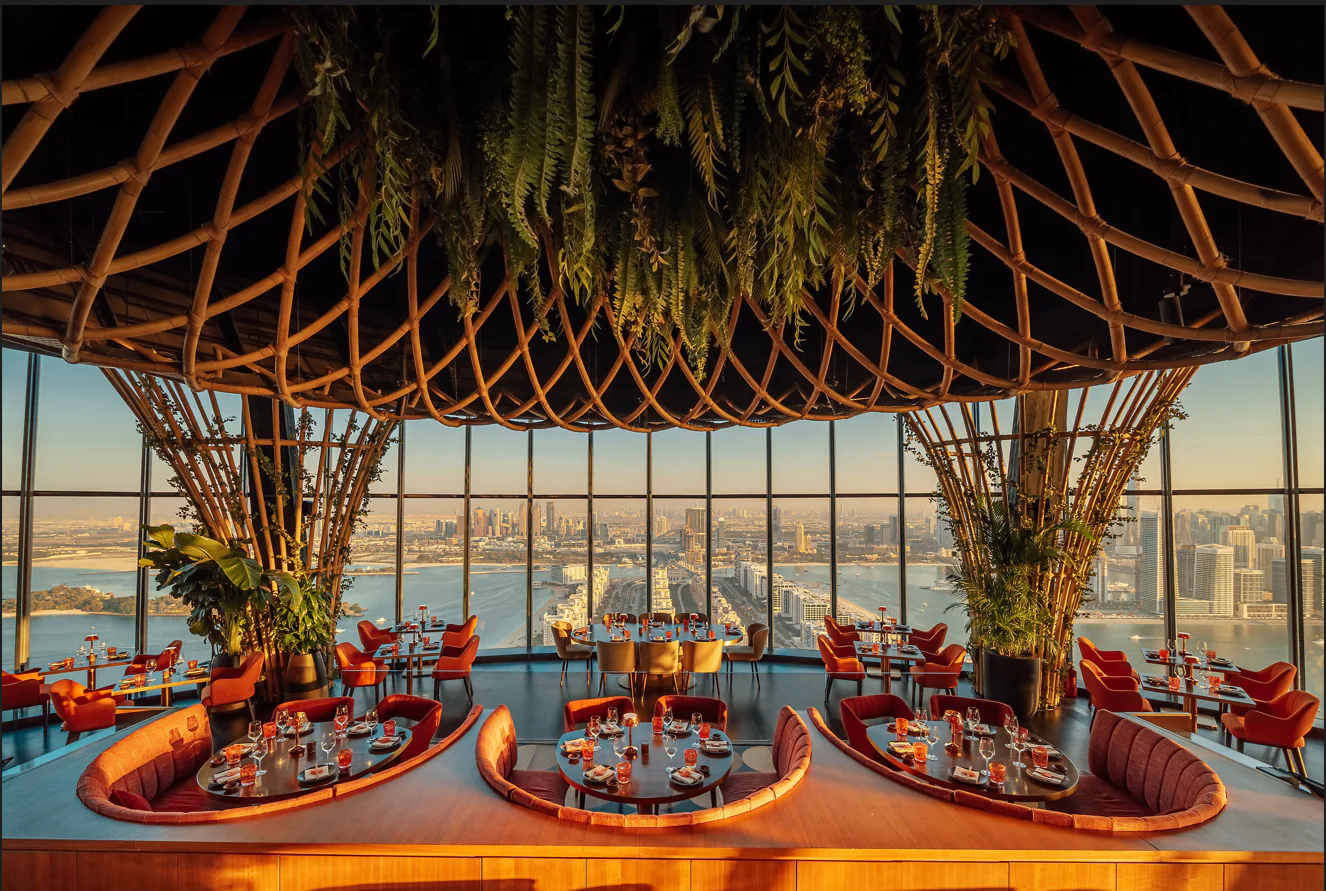 SUSHISAMBA Dubai dining room overlooking Palm Jumeirah and the skyline